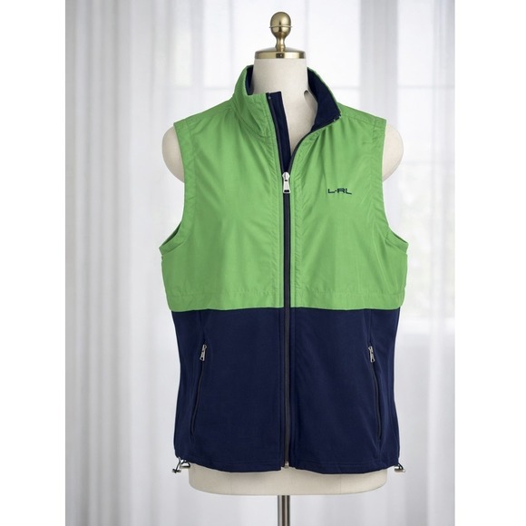 LRL Ralph Lauren Active Fleece Vest Green Navy Full Zip Draw Cord Hem Size M - Picture 2 of 14